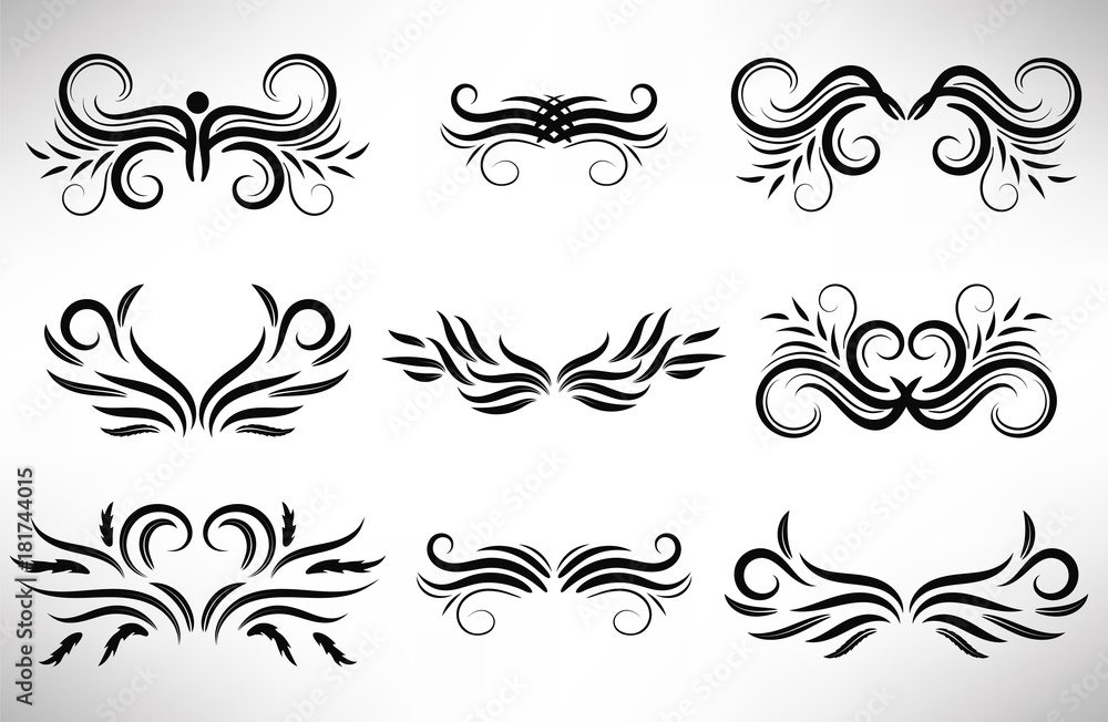 Abstract  black curly design element set isolated on white background. Dividers. Swirls. Vector illustration.