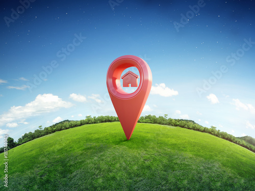 House symbol with location pin icon on earth and green grass in real estate sale or property investment concept, Buying new home for family - 3d illustration of big advertising sign