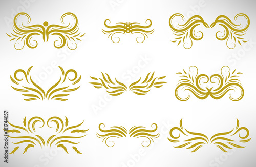 Abstract gold curly design element set isolated on white background. Dividers. Swirls. Vector illustration.