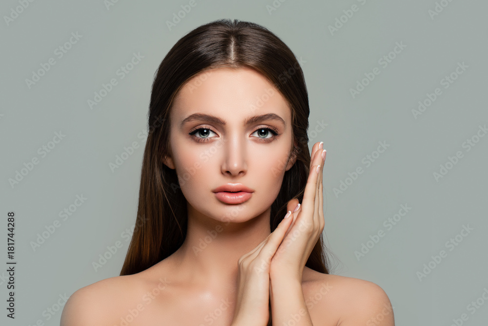Cute Woman Spa Model. Beautiful Female Face on Background with Copy space