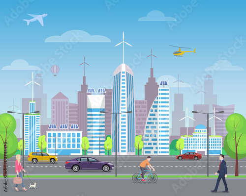 Cityscape with Passers-by and Tall Skyscrapers