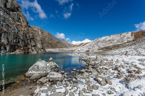 Valley of Himalayan mountains with mountain lake on track to Everest base camp. High mountains with snow peaks. Gokio lakes. photo