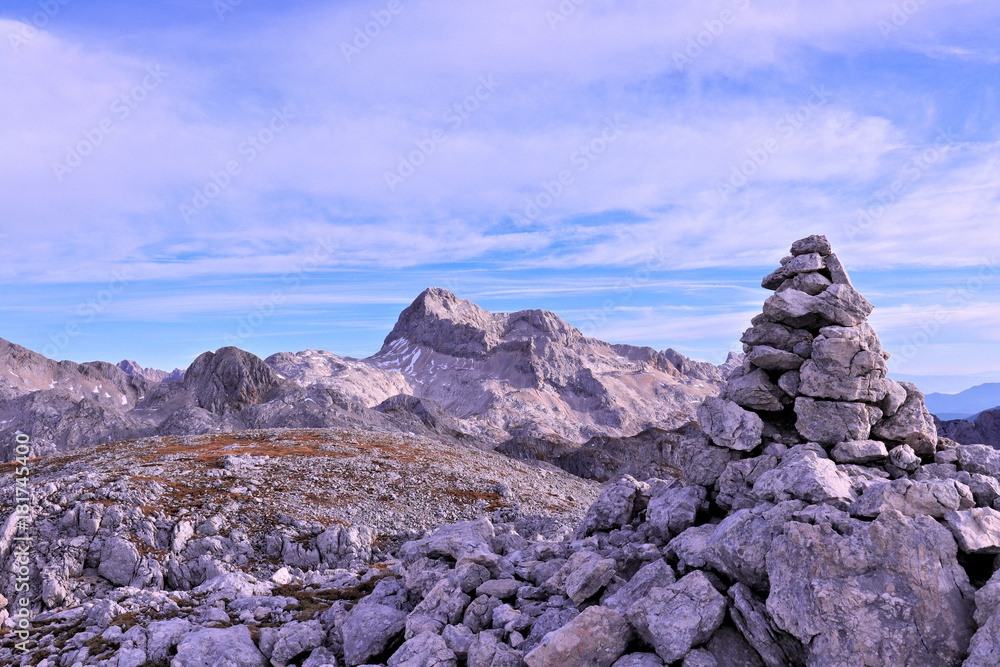 Fototapeta premium rock sculpture with overlook to mount Triglav