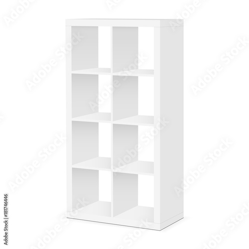 Shelves and shelving mockup isolated on white background. Floor showcase rack - half side view. Vector illustration
