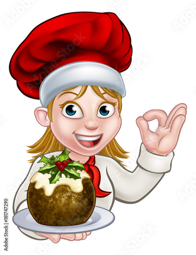 Woman Chef in Christmas Hat Holding Pudding