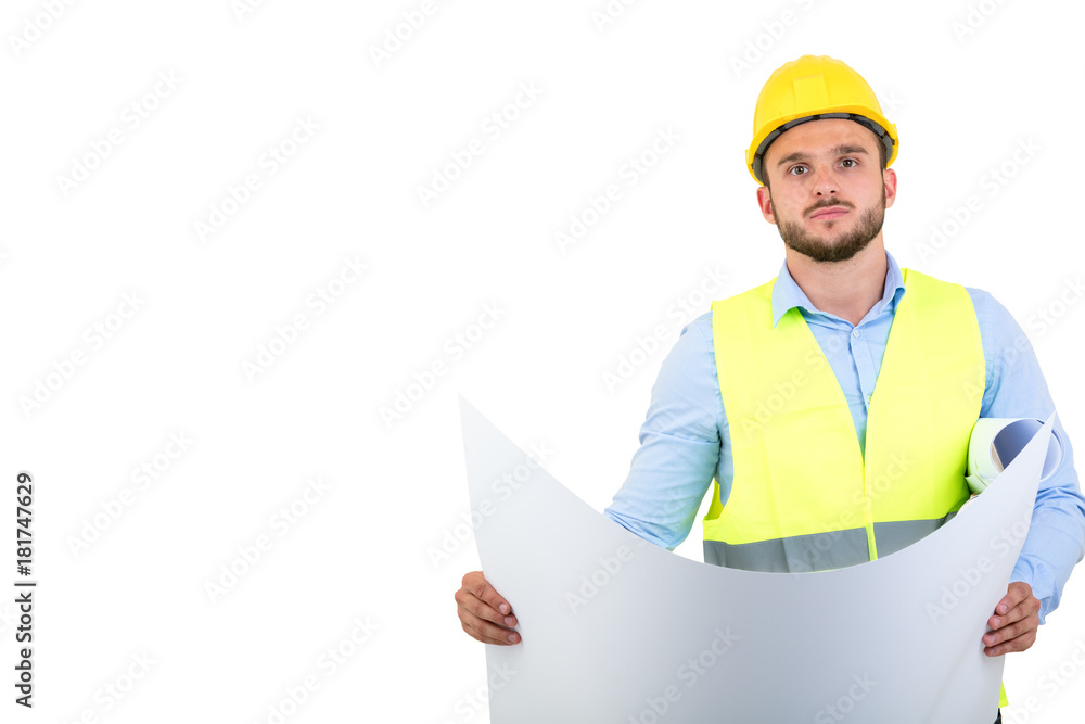 Young Engineer portrait holding blueprints isolated on white Young Engineer portrait holding blueprints isolated on white
