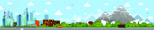 Flat cartoon panorama with shop, bus station, cityscape with different buildings, down town, cottage with parks and mounties. Illustration on blue sky background
