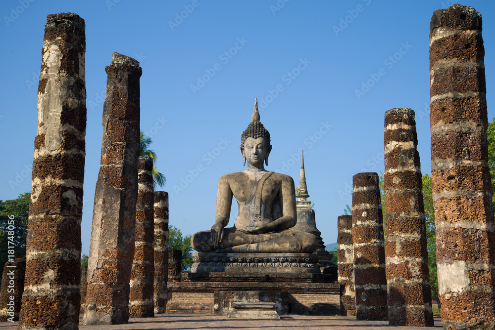Ancient Buddha's sculpture on ruins of the Buddhist temple of Wat Chana Songkram. Sukhothai, Thailand