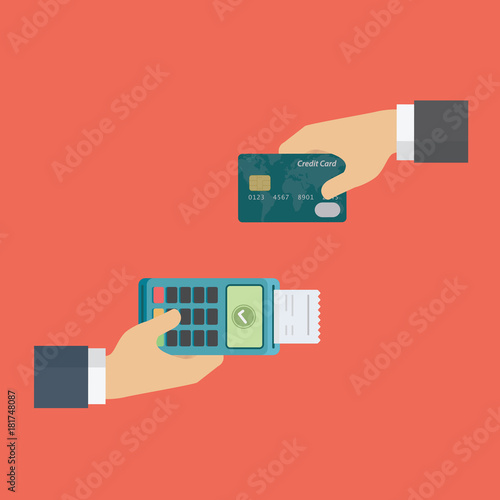 Credit card transaction. People holding edc payment terminal and other people holding credit card. Cashless payment illustration