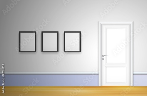 Living room interior with closed door and frames on white wall background