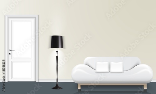 White wall background with a floor lamp and white sofa © artnovielysa