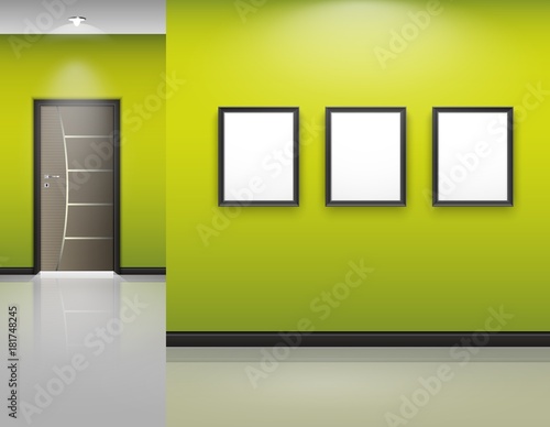 Living room interior with frames and closed door on green wall background