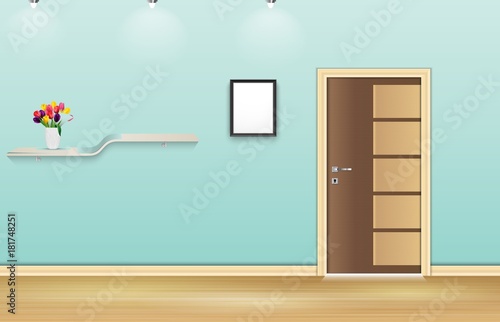 Blue wall background with frame and flowers pot over shelf