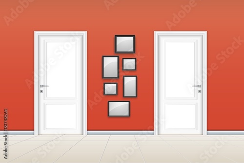 Living room interior with closed door and empty frames on the orange wall