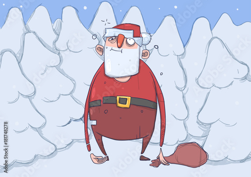 Funny drunk Santa Claus with empty bag in snowy spruce forest. Wasted happy Santa Claus got lost. Horizontal vector illustration. Cartoon character.