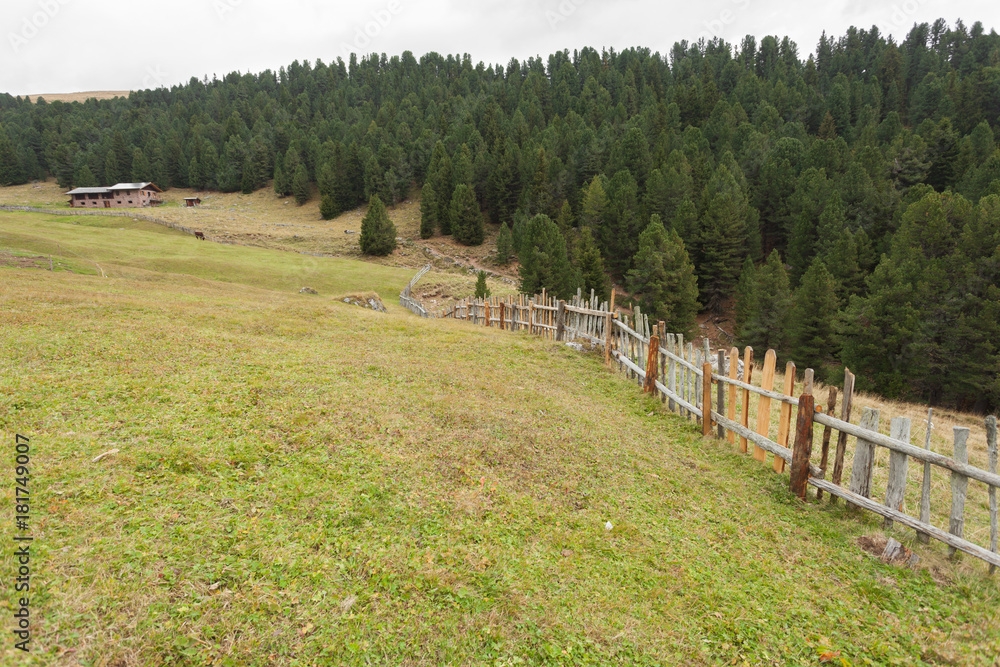 Rural scene from a refuge among a mountain pasture in Val di Funes, Italy