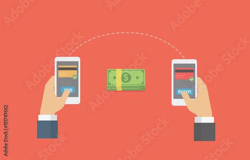 Online Money Transfer Illustration. People send money online to another with smart phone