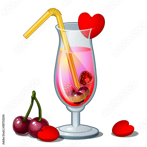 Glass of cocktail with straw, hearts and cherry. Romance pink drink, decorated with berries. Vector illustration in cartoon style isolated on white background