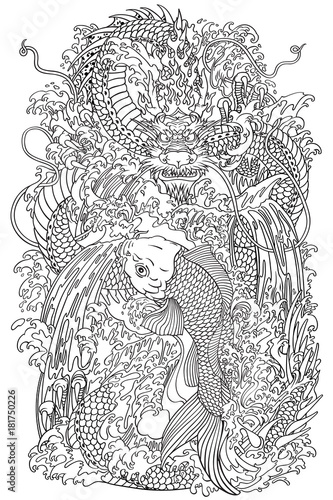 Chinese dragon and koi carp fish which is trying to reach the top of the waterfall. Coloring page outline vector illustration according to ancient Chinese and Japanese myth