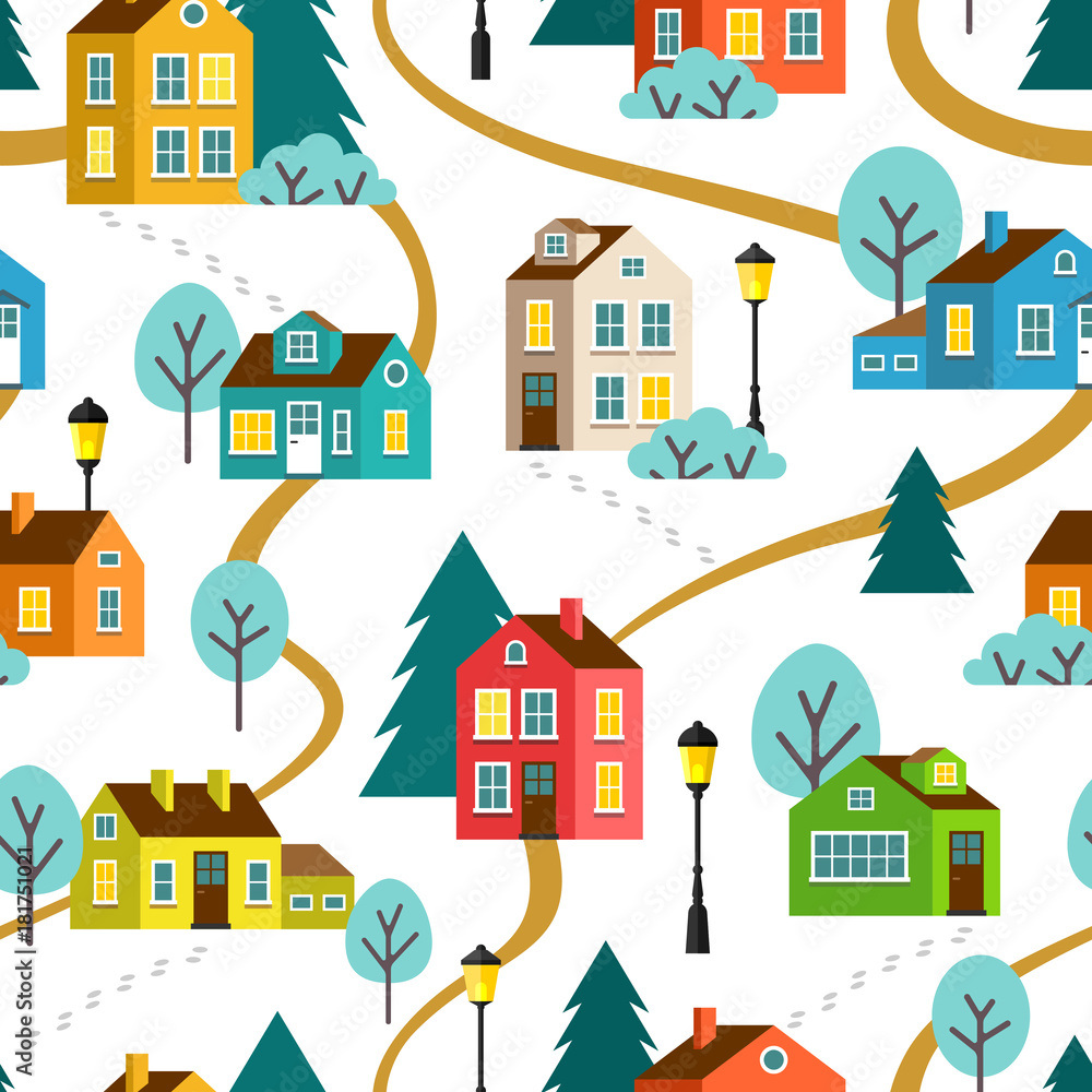 Landscape of town or village, seamless pattern. Vector children flat cartoon illustration.