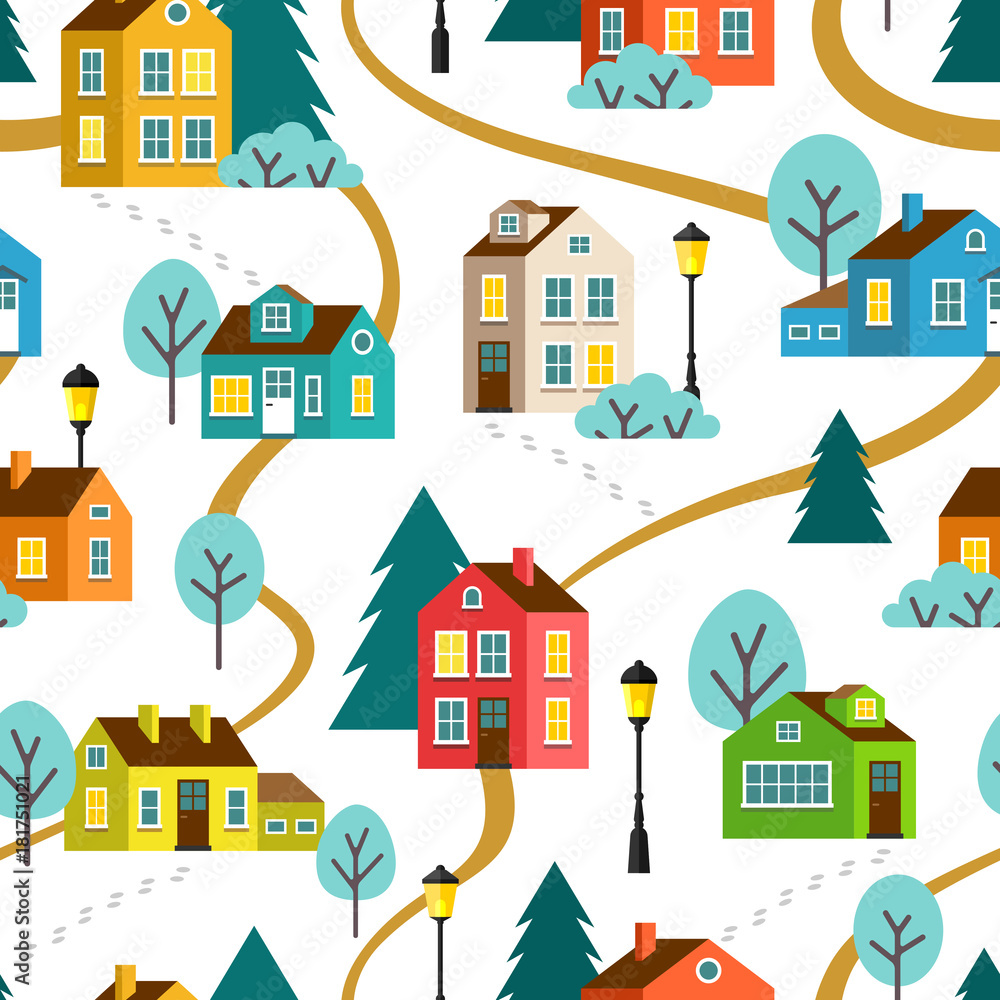 Landscape of town or village, seamless pattern. Vector children flat cartoon illustration. Landscape of town or village, seamless pattern. Vector children flat cartoon illustration.