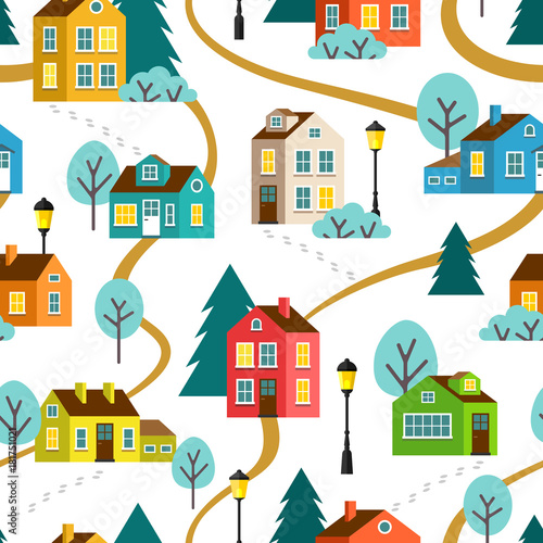 Landscape of town or village  seamless pattern. Vector children flat cartoon illustration.