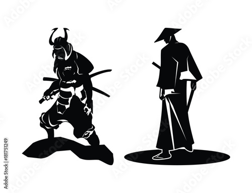 Japanese Black Samurai Ninja Ronin Warrior with Armor Illustration Logo Silhouette