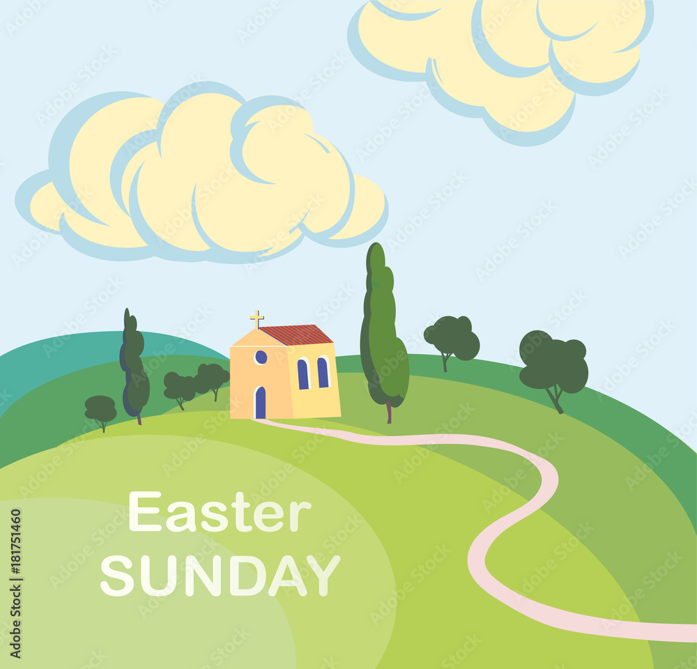 Naklejka premium Vector mountain Calvary with three crosses with sky and sun