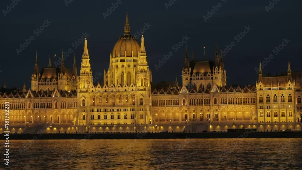 Close static shot of the Hungarian parliament in Budapest during blue hour. The building is all lit up Close static shot of the Hungarian parliament in Budapest during blue hour. The building is all lit up