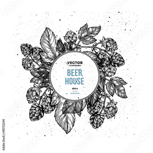 Beer hop floral composition . Engraved style illustration. Vintage design template. 