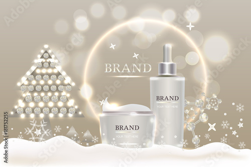 cosmetic containers with advertising background ready to use, holiday concept skin care ad design. Illustration vector.