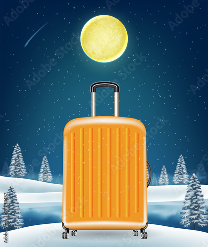 travel luggage bag on winter lake background