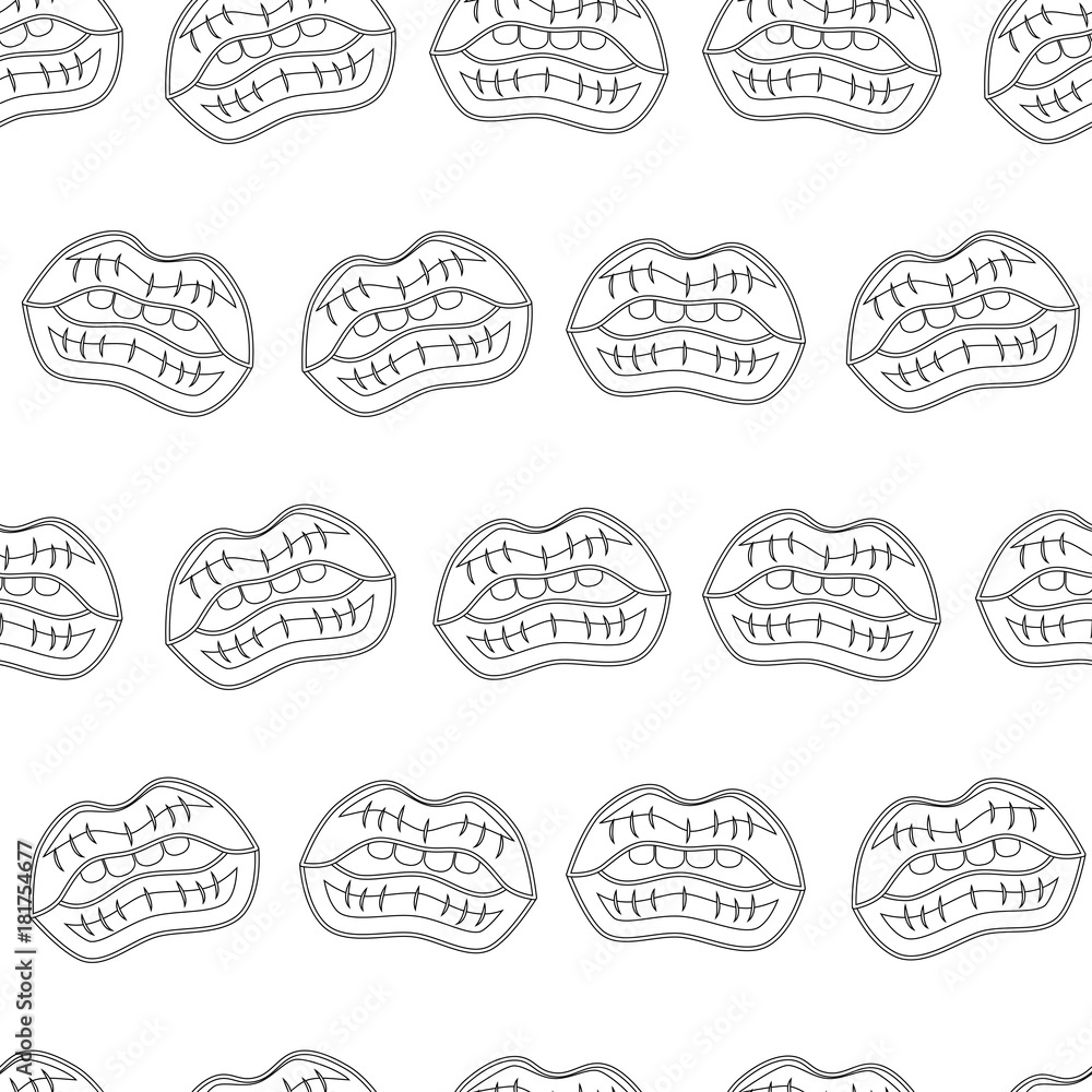 Abstract seamless lips pattern for girls or boys. Creative vector background with lips, mouth. Funny wallpaper for textile and fabric. Fashion mouth pattern style. Coloring monochrome picture