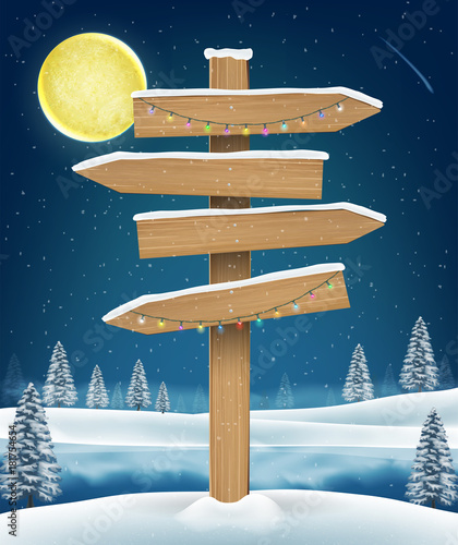 direction wood board sign on winter lake 