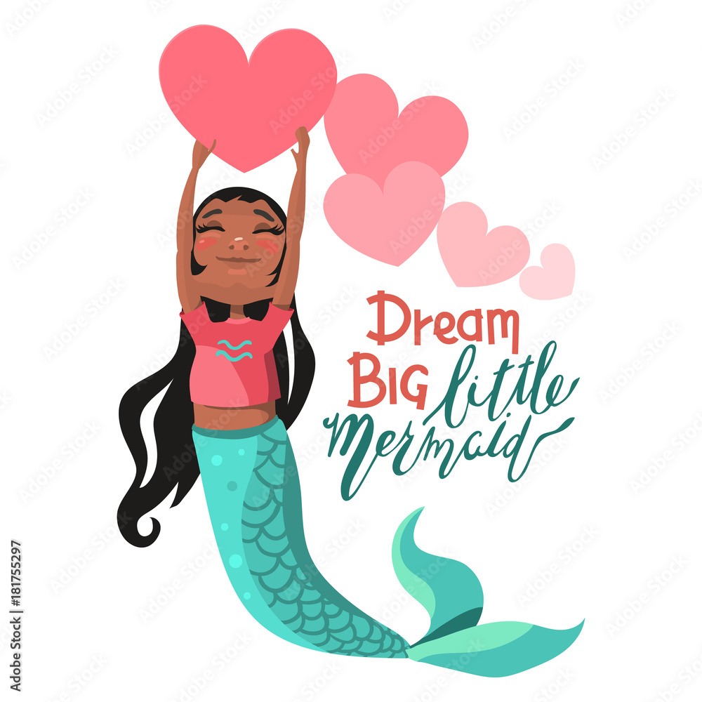 Cute, cartoon, black (african american) girl mermaid keeping the bright pink big heart. Dream
