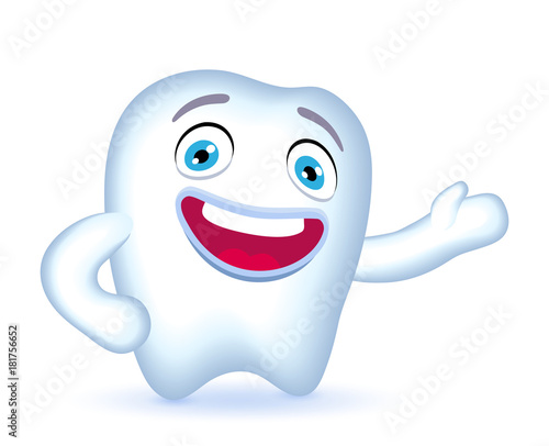 Cartoon Tooth Character with hand on his hip  showing somewhere