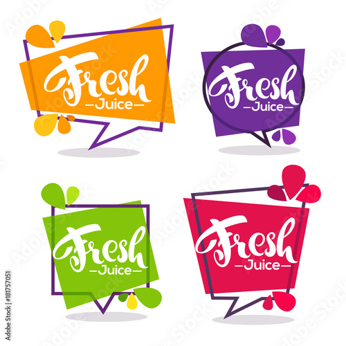 vector collection of bright geometric frames  stickers, emblems and banners for fruit and berry fresh juice