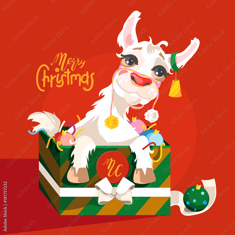Naklejka premium Adorable, cute, cartoon Christmas llama character. Llama in the gift box with Christmas toys (balls) and confetti with bell on the ear. Christmas greeting card
