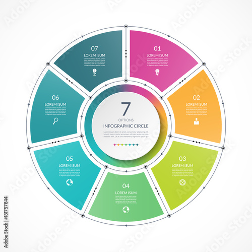 Infographic circle in thin line flat style. Business presentation template with 7 options, parts, steps. Can be used for cycle diagram, graph, round chart.