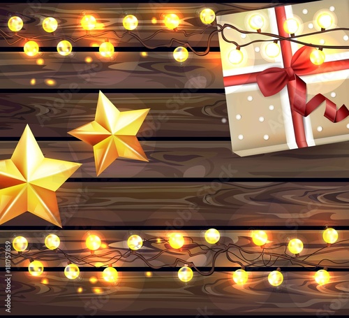 Christmas lights on Wood texture Vector realistic illustration. Holiday Woode...