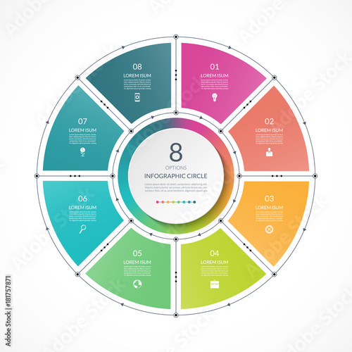 Infographic circle in thin line flat style. Business presentation template with 8 options, parts, steps. Can be used for cycle diagram, graph, round chart.