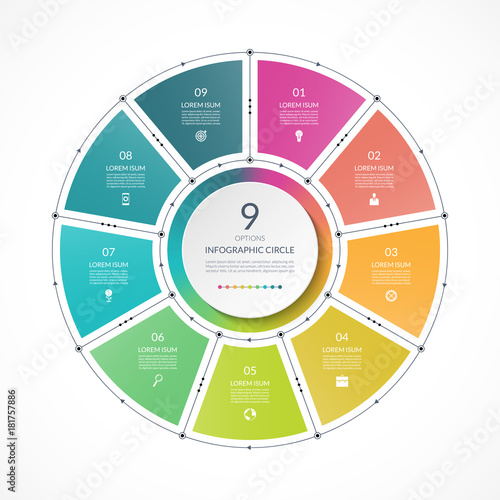 Infographic circle in thin line flat style. Business presentation template with 9 options, parts, steps. Can be used for cycle diagram, graph, round chart.