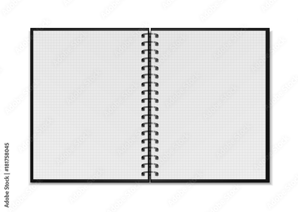 Black open realistic spiral notepad mockup with square grid sheets on white Black open realistic spiral notepad mockup with square grid sheets on white