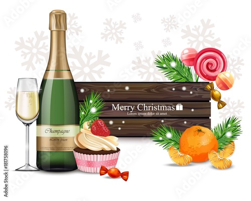 Merry Christmas wood banner with sweets and champagne Vector realistic