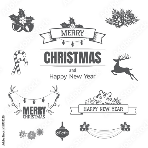 Christmas set with design elements, typographic elements, decoration and ribbons