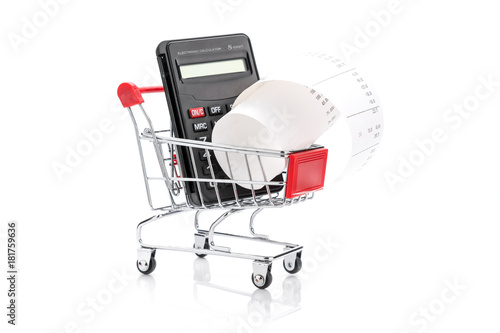 Shopping cart with receipt and calculator, concept for grocery expenses and consumerism