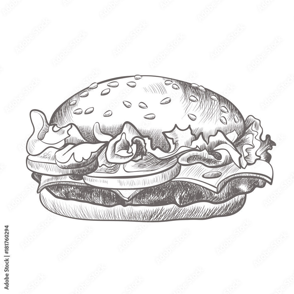 Burger black and white realistic sketch isolated illustration Burger black and white realistic sketch isolated illustration