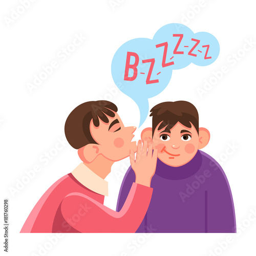 Man whispers secret in friends big ear with speech cloud
