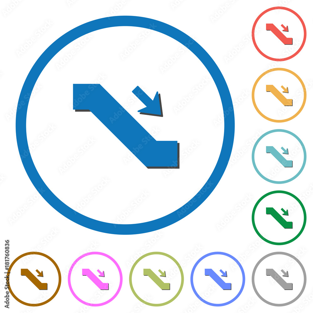 Escalator down sign icons with shadows and outlines Escalator down sign icons with shadows and outlines
