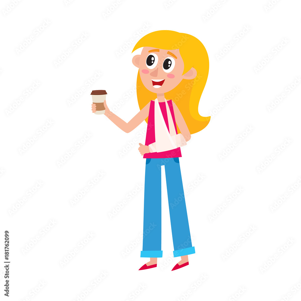 Young pretty blond woman with broken arm in sling holding coffee cup,  cartoon vector illustration isolated on white background. Funny cartoon,  comic style woman with broken arm and paper coffee cup Stock